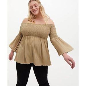 Torrid Olive Crinkled Gauze Cold Shoulder Babydoll Blouse